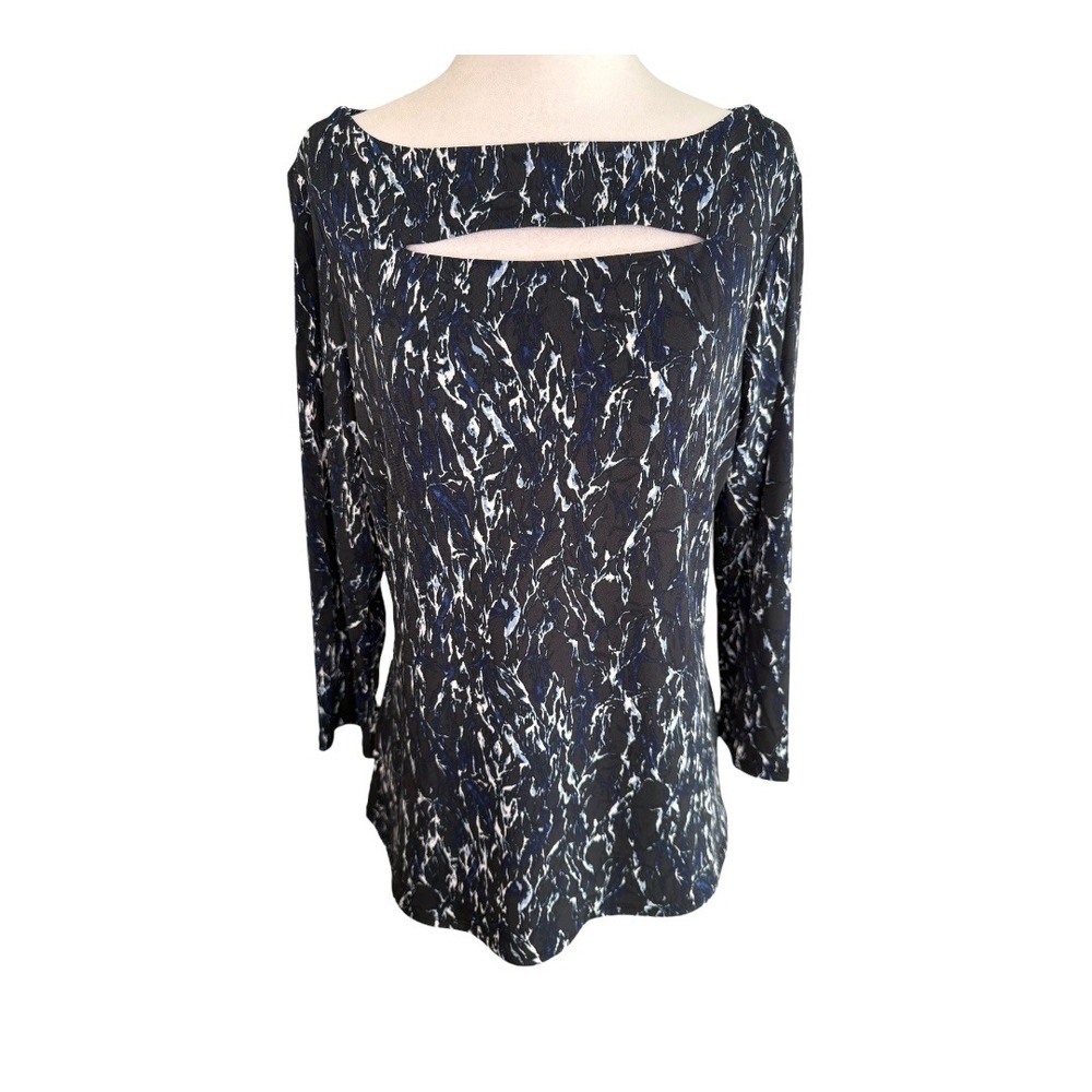 Carmen Marc Valvo Marble Print Top Keyhole Neckline Long‎ Sleeve Top Large
